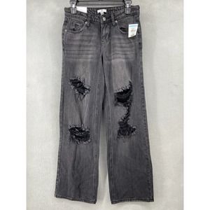 BP‎ Jeans Women's Sz 24 Black Distressed Ripped Wide Leg Pockets Low Rise NWT